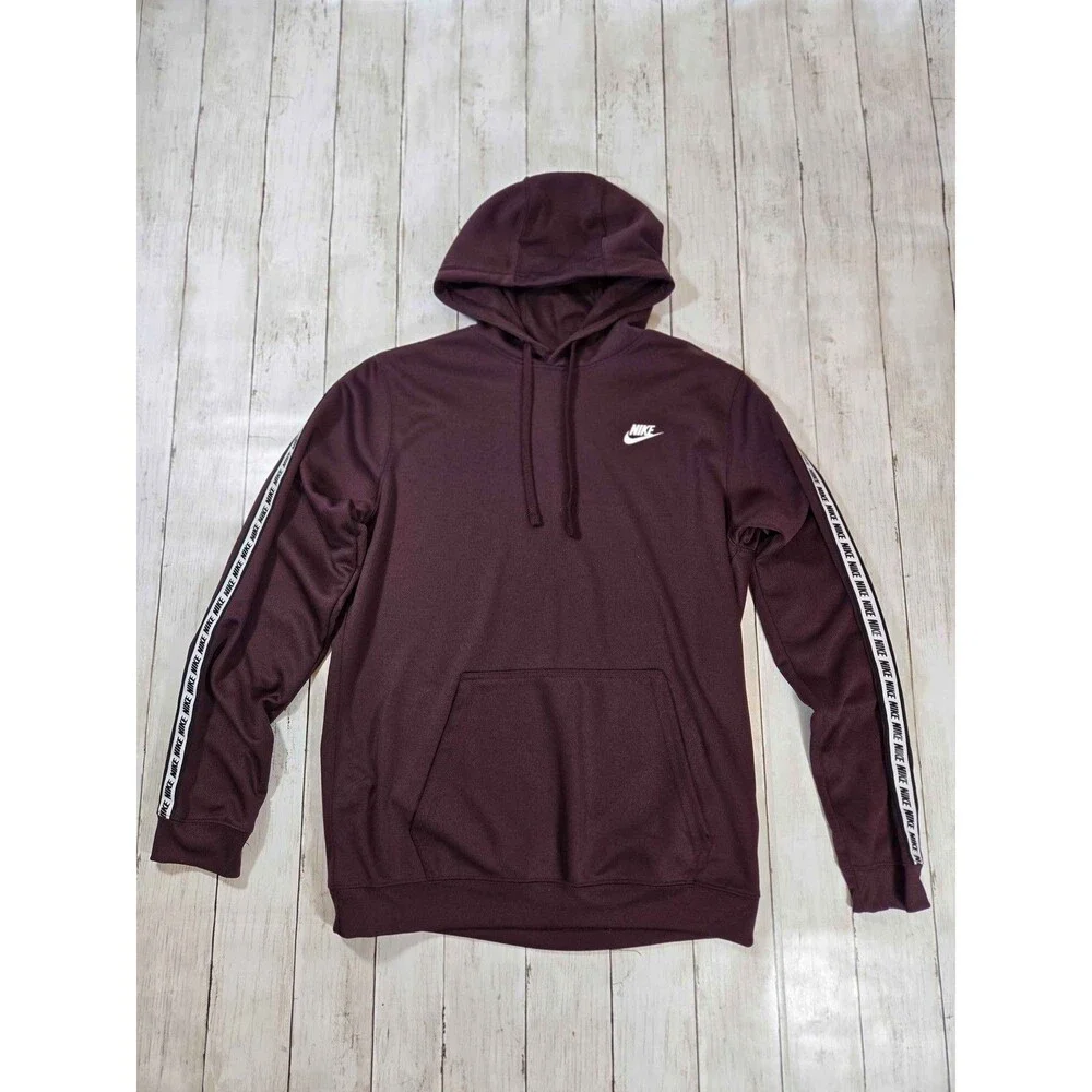 Nike Mens Hoodie Size M Burgundy Pullover Sweatshirt Logo Sleeve Tape